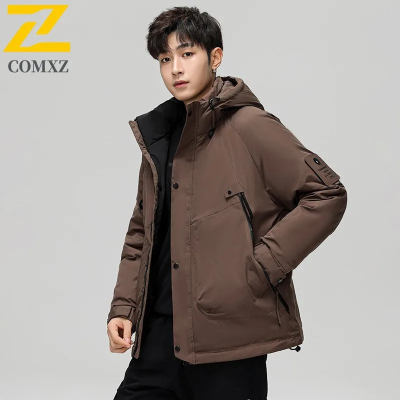 COMXZ Men's Winter Padding Solid Color Hooded Warm Outdoor Adventure Skiing Parker Coat Hiking Hooded Comfortable Puffer Jacket