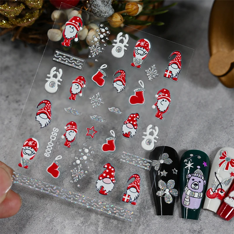 5d Reliëf Acryl Sneeuwvlok Bell Xmas Nail Sticker Goud Zilver Poeder Kerst Lijm Sliders Winter Nieuwjaar Nail Decals