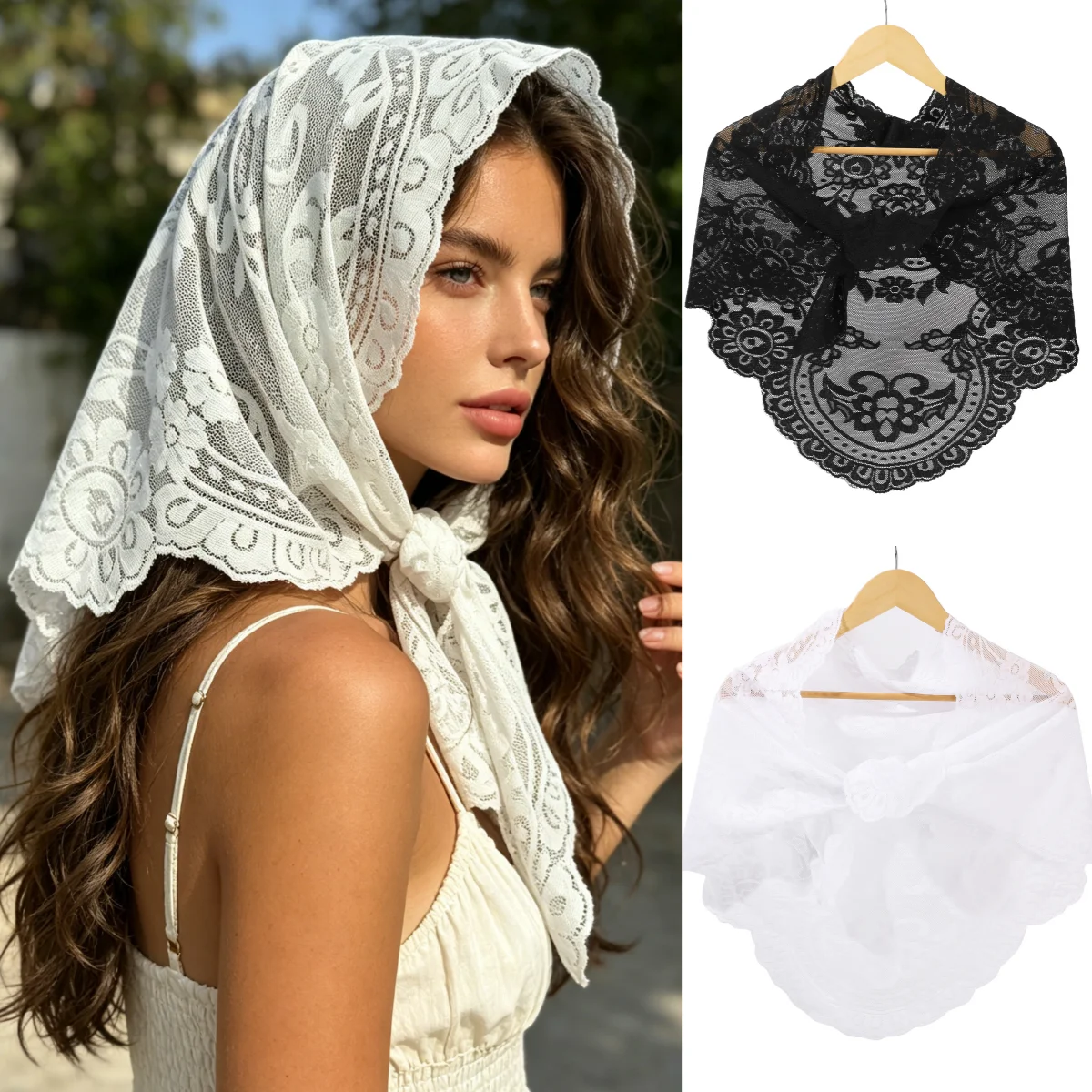 1 unidad de pañuelo para la cabeza de encaje bordado con flores estilo bohemio para mujer, dulce pañuelo vintage, pañuelo triangular para el cabello y el cuello