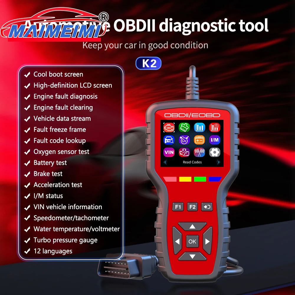 OBD2 Scanner Diagnostic Tool Read/Reset Fault Code with Freeze Frame Oxygen Sensor Test Live Data Multilingual System & HD Color