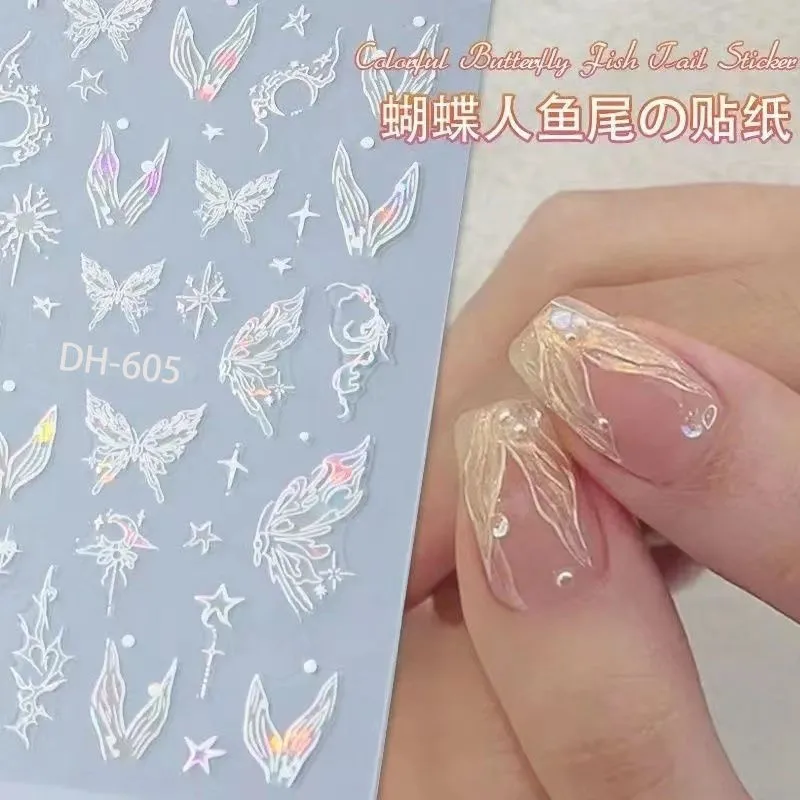Iridescent Butterfly Nail Stickers Aurora Mermaid Scale Liquid Hollow Self Adhesive Nail Art Decals Hot Sale