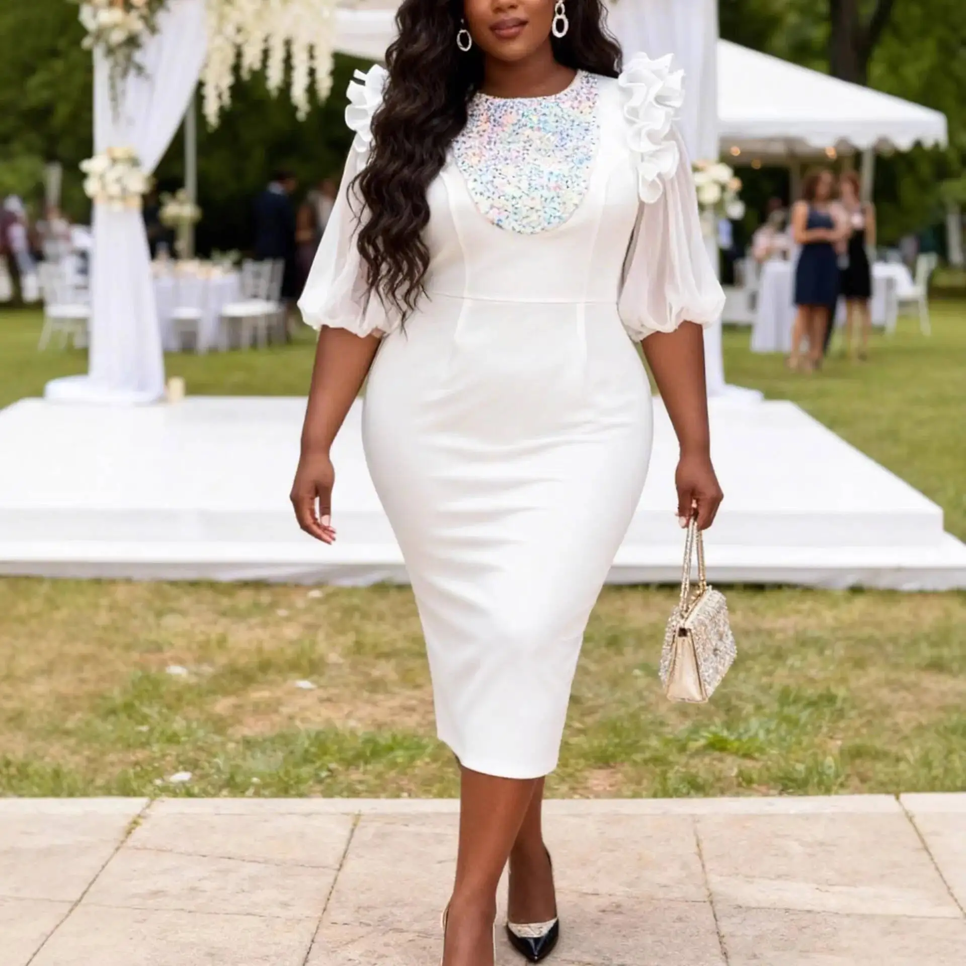

Plus-size Women's White Round-neck Sequin Waist-cinching Bodycon Dress With Flattering Puff Sleeves, Elegant And Stylish Y2K