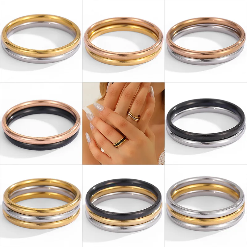 Letdiffery Minimalist 3pcs Stackable Rings Set for Women Stainless Steel Four Color Simple 2pcs Layered Ring Jewelry Daily Wear