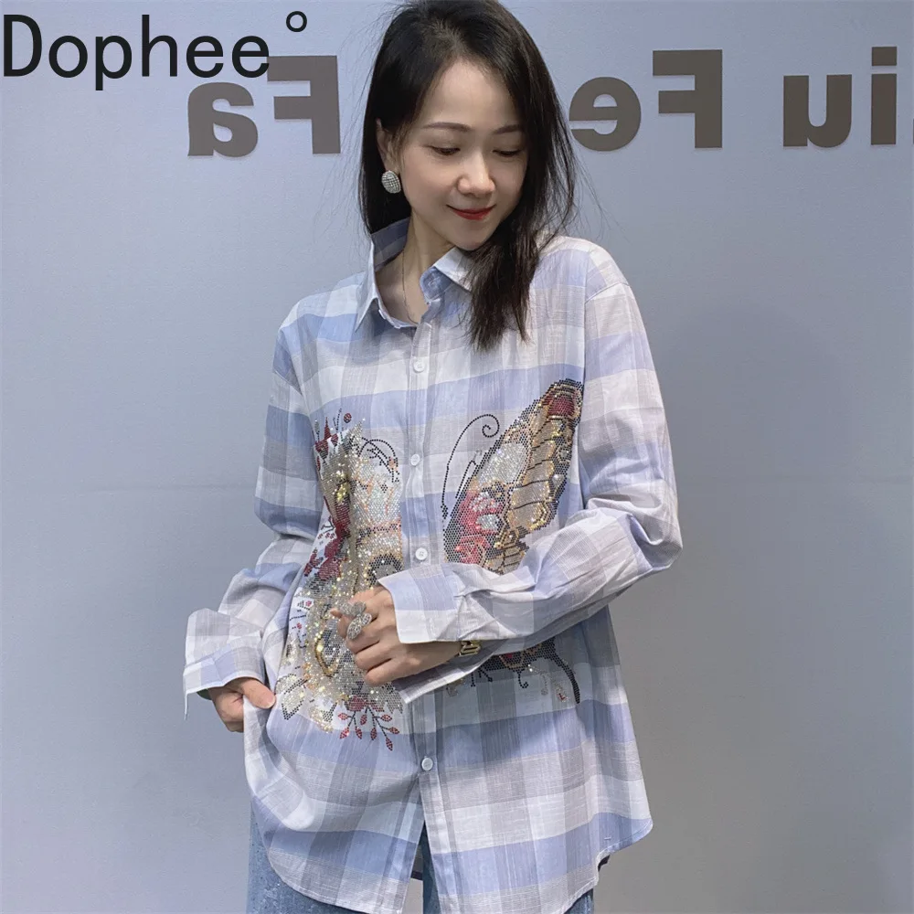 

2025 New Autumn Plaid Stripes Female Blouses All-match Butterfly Hot Drilling Mid-long Cardigans Top Long Sleeve Women Shirts