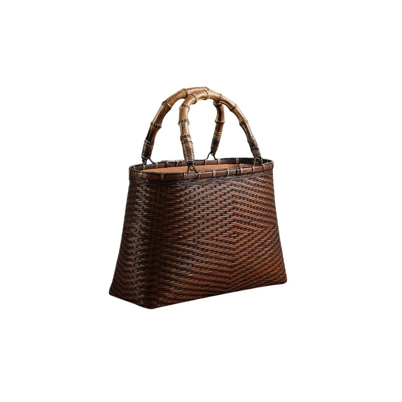 For Handmade Bamboo Woven Bag, Bamboo Basket Handbag, Retro Mini Rattan Handbag, Bamboo and Wood Basket Storage Bag.