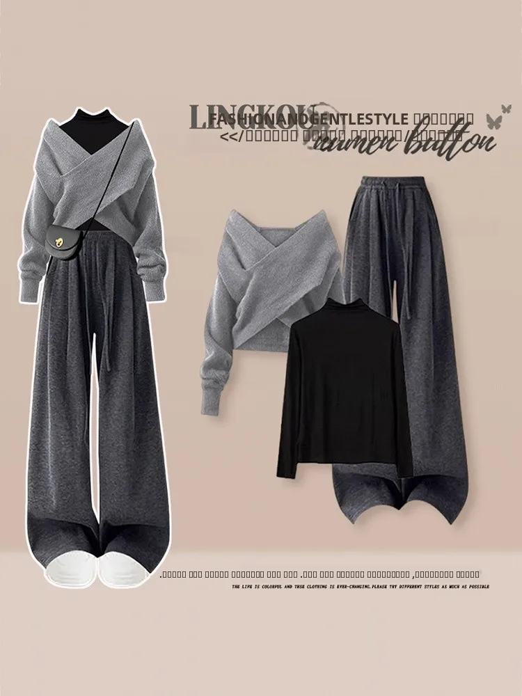 

Anti-Aging Large Size Knitted Sweater Set Women's Lazy Style Casual Loose Fit Three-Piece Suit for Autumn Winter Slimming Effect