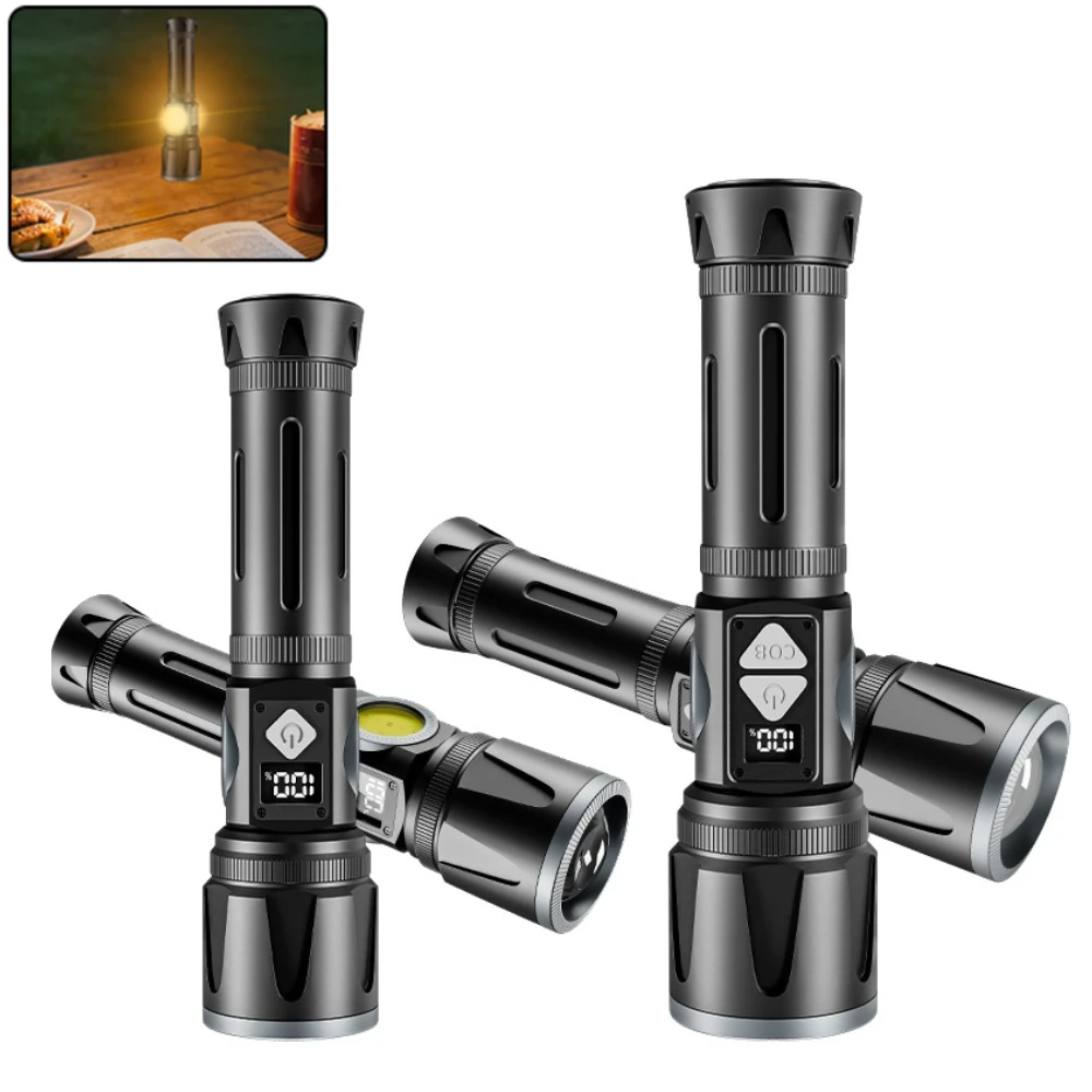 Powerful LED Flashlight High Power COB Work Light Side with Display USB Rechargeable Light Telescopic Zoom Torch Hiking Camping