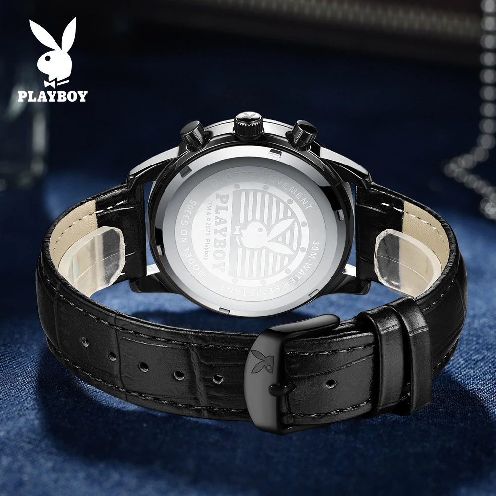 PLAYBOY 3305 Brand Original Authentic Watches for Man Luxury Leather Strap Chronograph Calendar Quartz Men's Watch