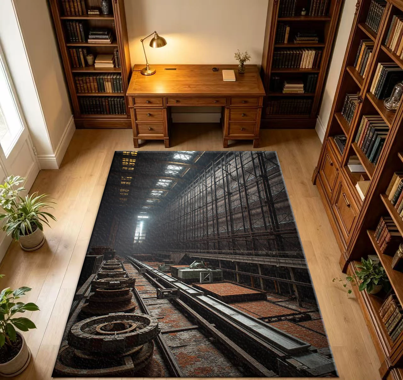 Retro Industrial Style Factory Warehouse Interior Scene Carpet Retro Architectural Print Home Decoration Carpet