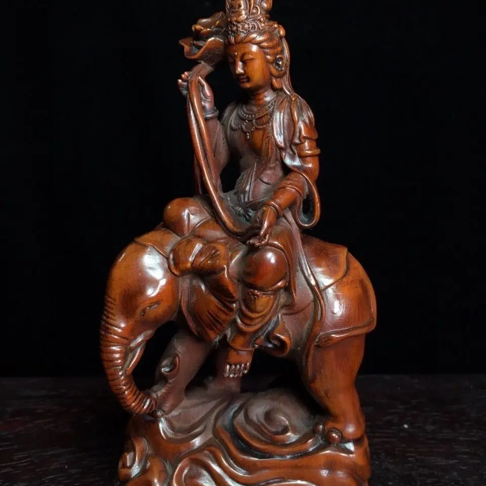 Hand Carved Wood Bodhisattva riding elephant and lotus Statue Figurine Desktop Ornaments Home Decoration