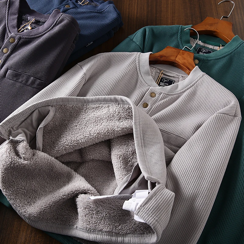 

Утепленная флисовая толстовка с длинным рукавом для мужчин, зимняя теплая толстовка с воротником-хенли, молодежная повседневная удобная толстовка из полиэстера с воротником-стойкой
