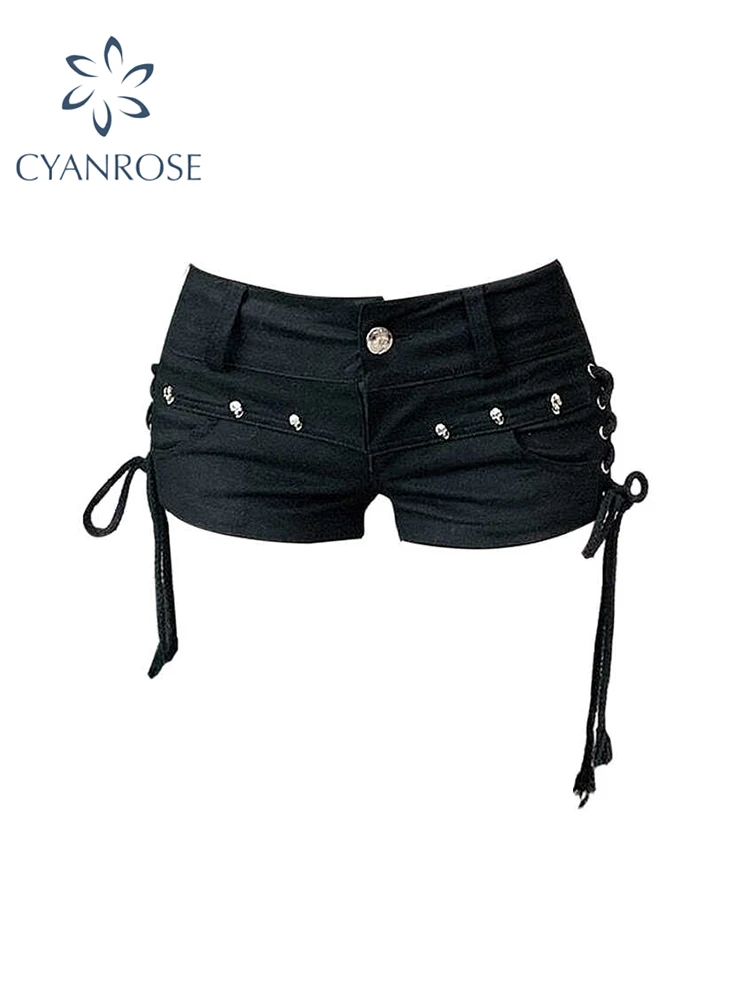 Damskie czarne gotyckie spodenki jeansowe Vintage Estetyczne koreańskie spodenki jeansowe z niską talią Harajuku Y2k Kowbojskie krótkie spodnie Ubrania Lato