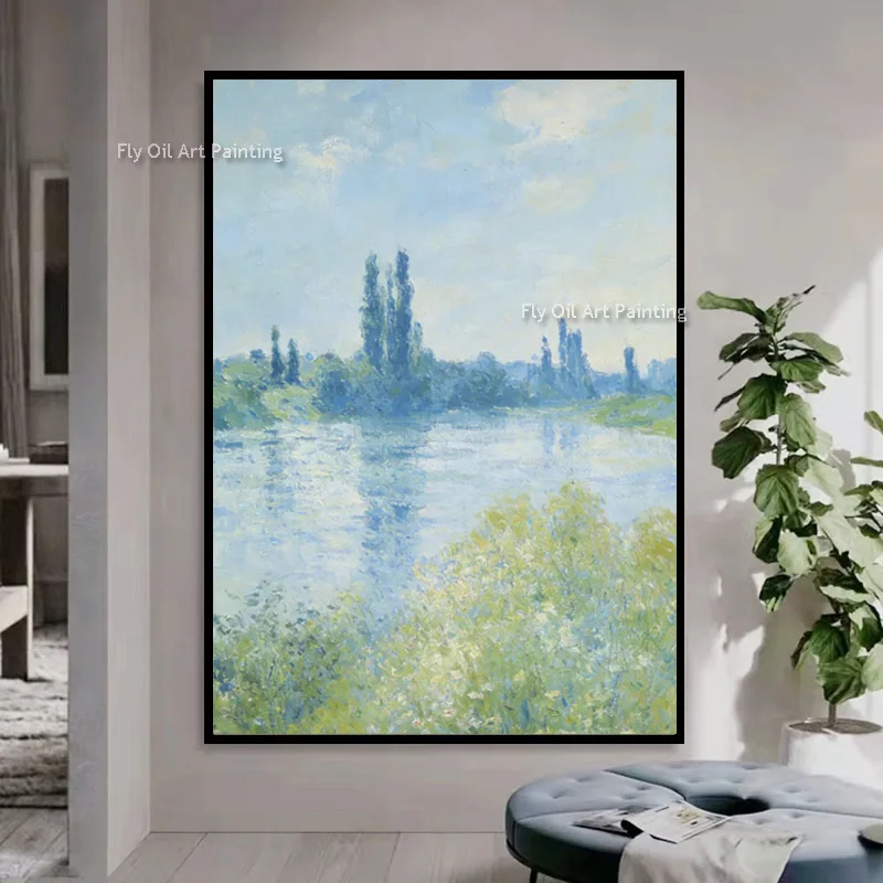 Modern Light Blue Green City By The Lake Wall Art Simplism Fashion Hand Painted Green Tree River Landscape Oil Painting For Deco