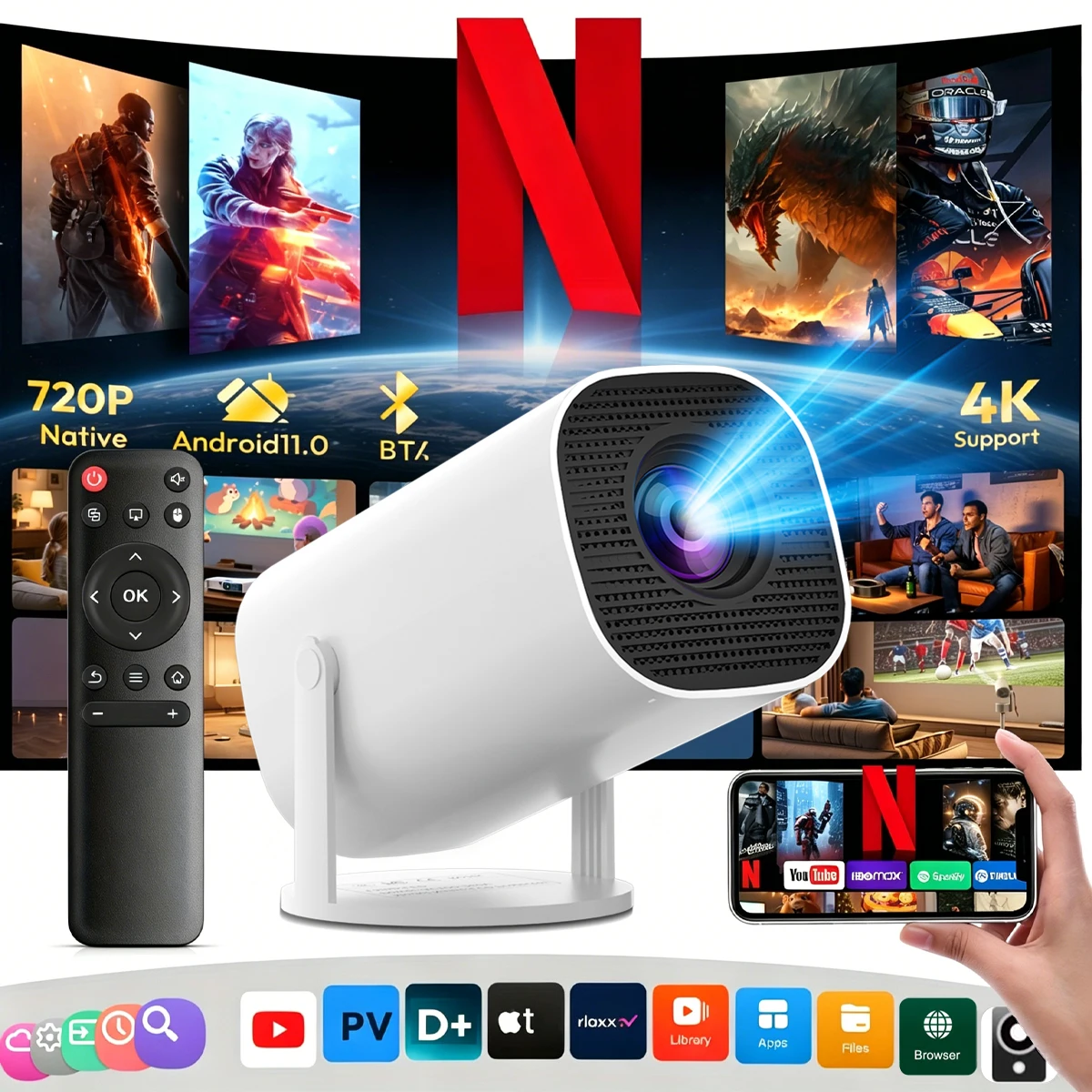 Mini Smart Projector, Android 11, 1080P Supported, WiFi 6 & Bluetooth 5.2, Portable Home Theater Outdoor Movie Video Projector