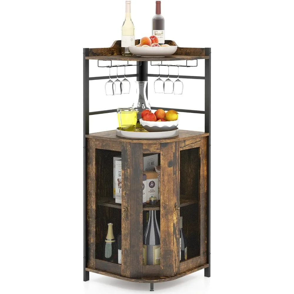 Corner Wine Bar Cabinet,Industrial Wine Cabinet with Metal Mesh Doors & Adjustable Shelf,Liquor Cabinet W Anti-toppling Device