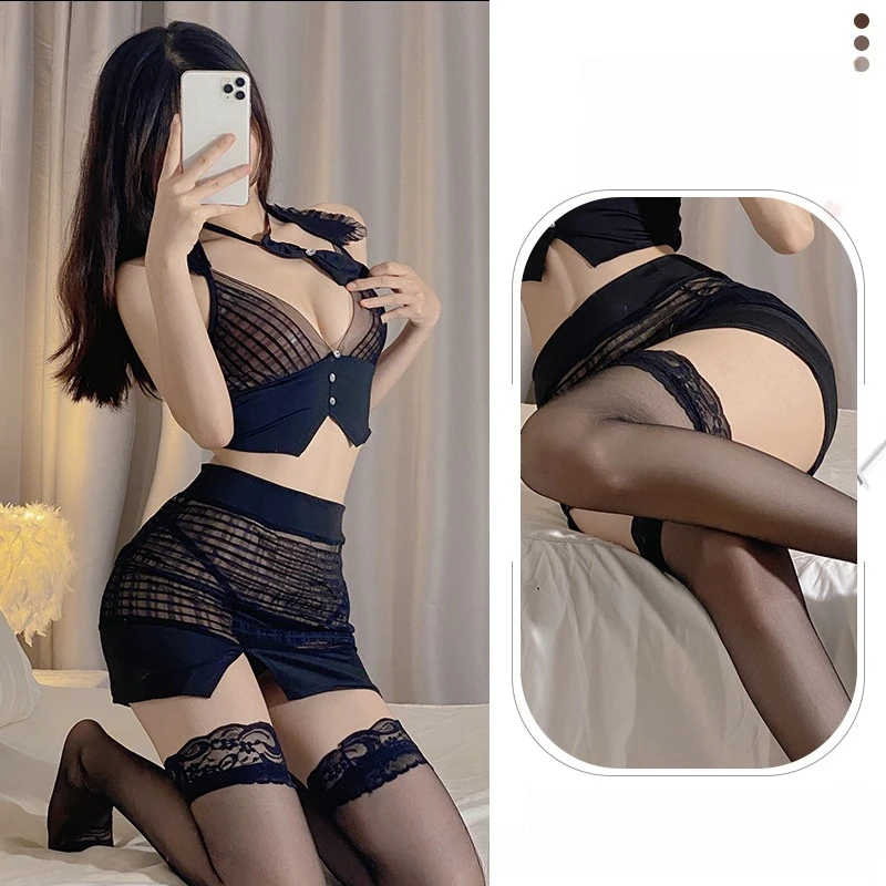 Erotic Lingerie See-Through OL Sexy Secretary Uniform Temptation Suit Hip Skirt Tie Top Lace Uniform Role Play