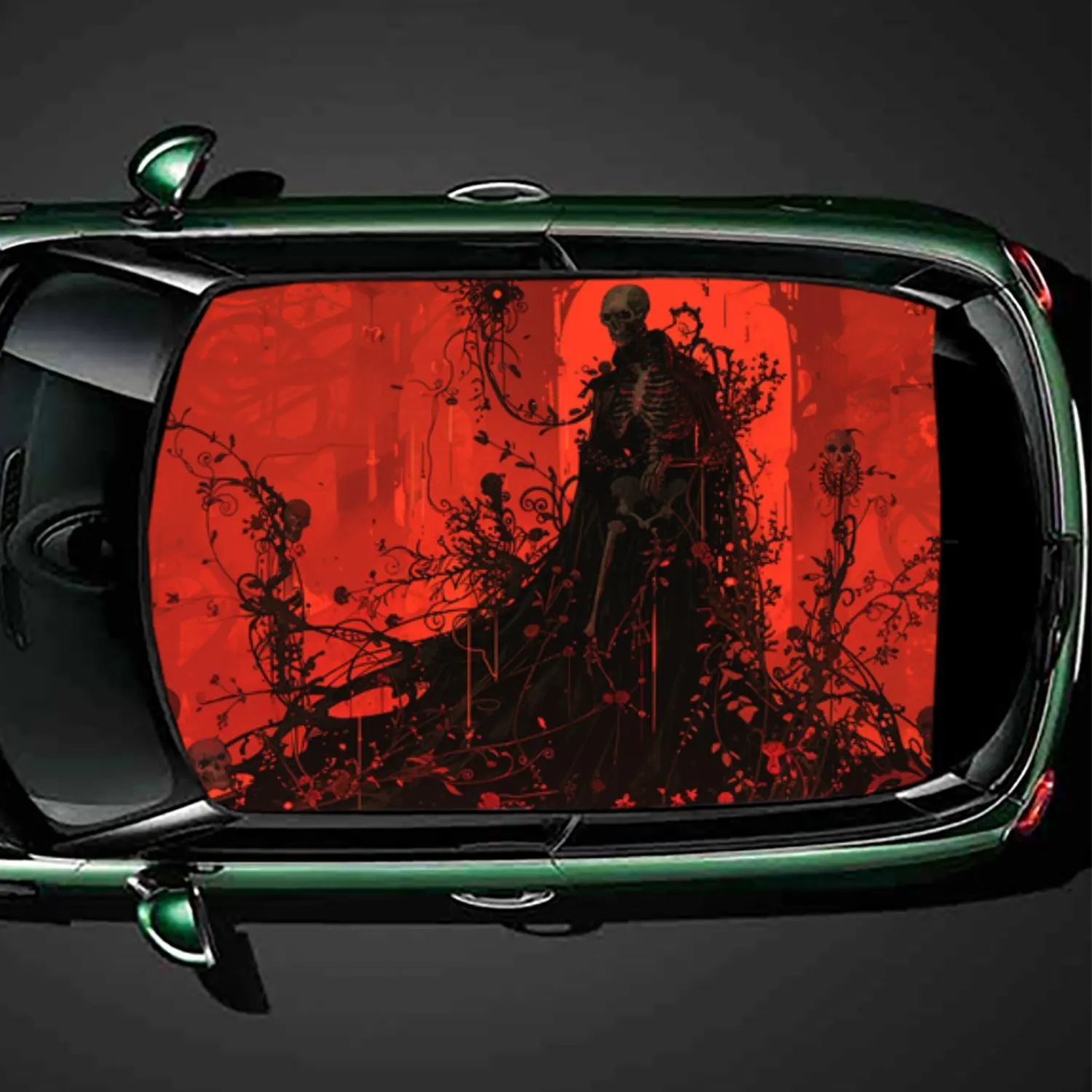 

Dark Skull and Floral PVC Car Roof Vinyl Wrap, Self-Adhesive Waterproof Automotive Sticker, Anti-Scratch Decorative Film for Sed
