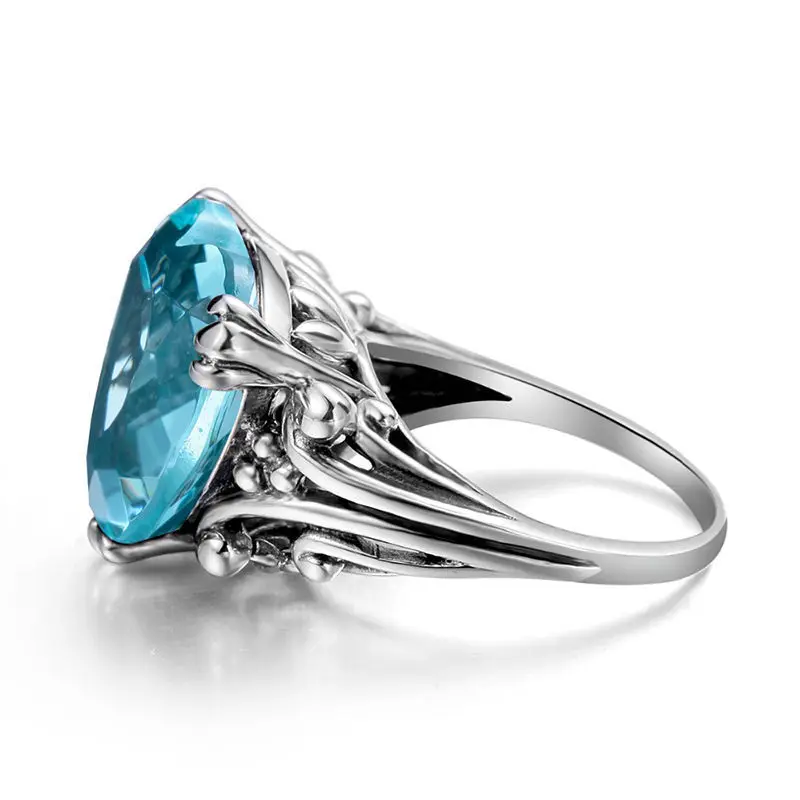 S925 Sterling Silver Ring Hot Sale Creative Topaz Sea Blue Heart Fashion Engagement Jewelry