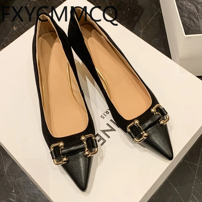 

FXYCMMCQ Leather Metal Buckle Stiletto Heel Pointed Toe Feminine Commuter Single Shoe Size 34-42 Solid Color Shallow -F1106-5