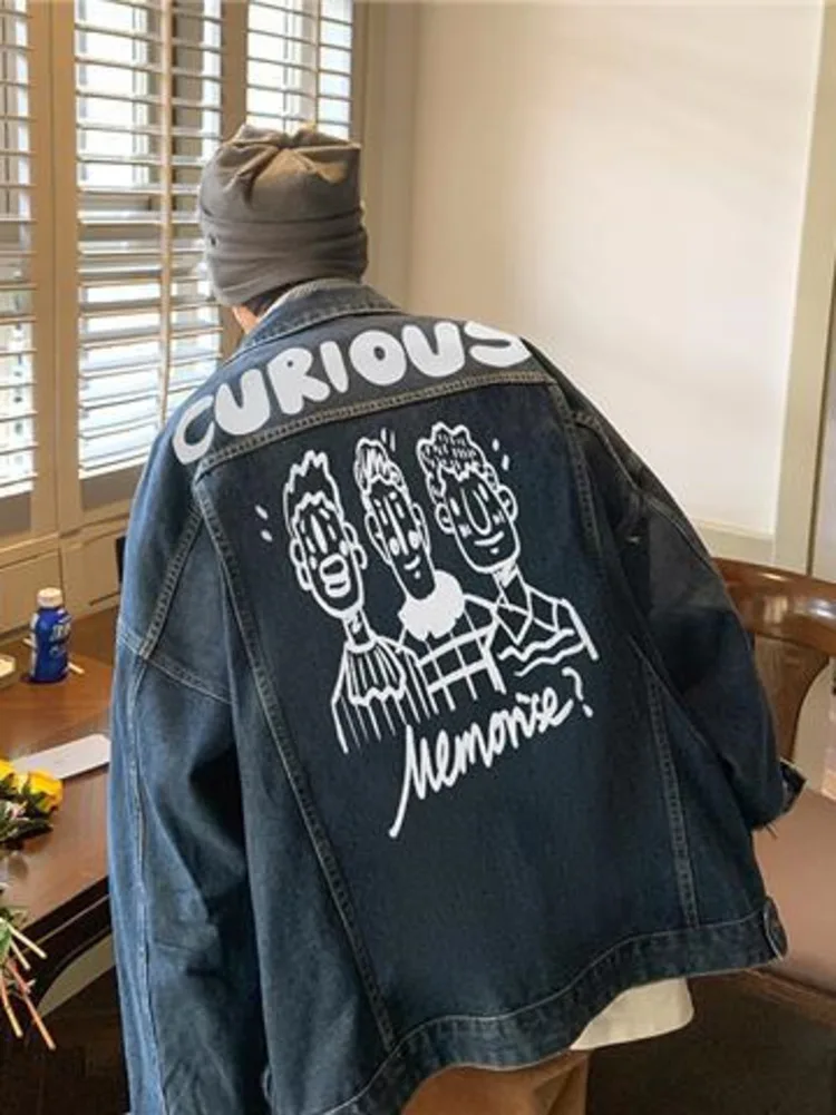 

Винтажная джинсовая куртка с мультяшным принтом, топ, мужская милая весенне-осенняя шикарная мужская свободная джинсовая куртка унисекс, повседневное пальто, верхняя одежда