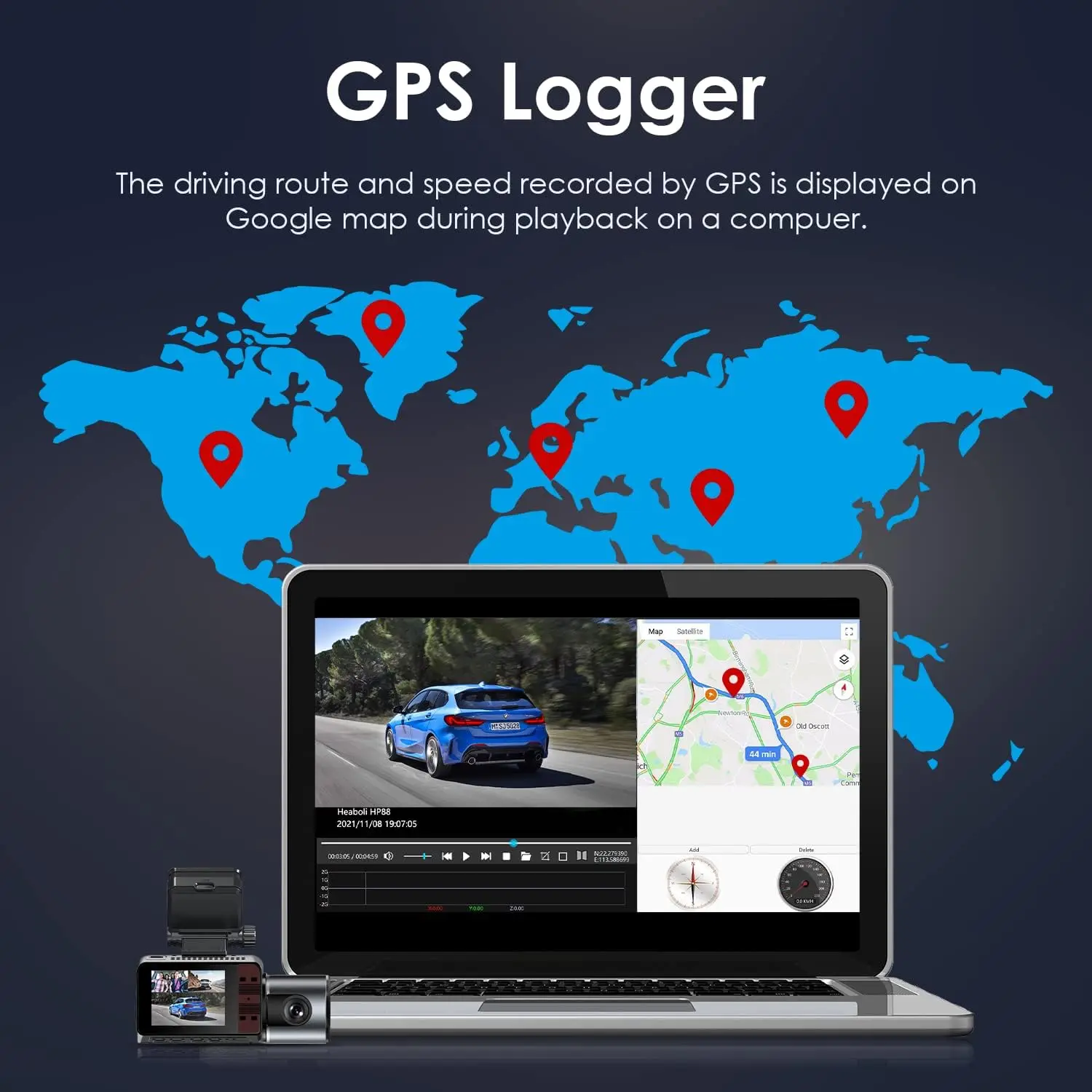 كاميرا داش 4K ذات 3 قنوات مع نظام تحديد المواقع العالمي (GPS)، رؤية ليلية، وضع ركن السيارة، تتضمن بطاقة TF