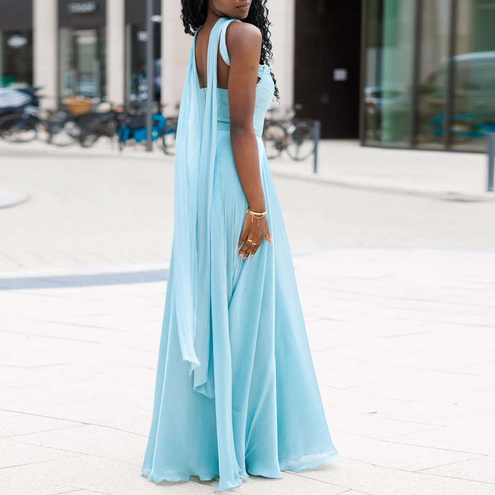 Customized Halter A Line Bridesmaid Dresses 2025 Pleat Backless Long Wedding Guest Gown Side Split Blue Chiffon Maxi Dress