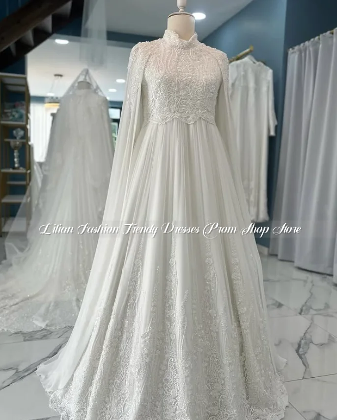 Floral Beaded Pearl Muslim Wedding Dress