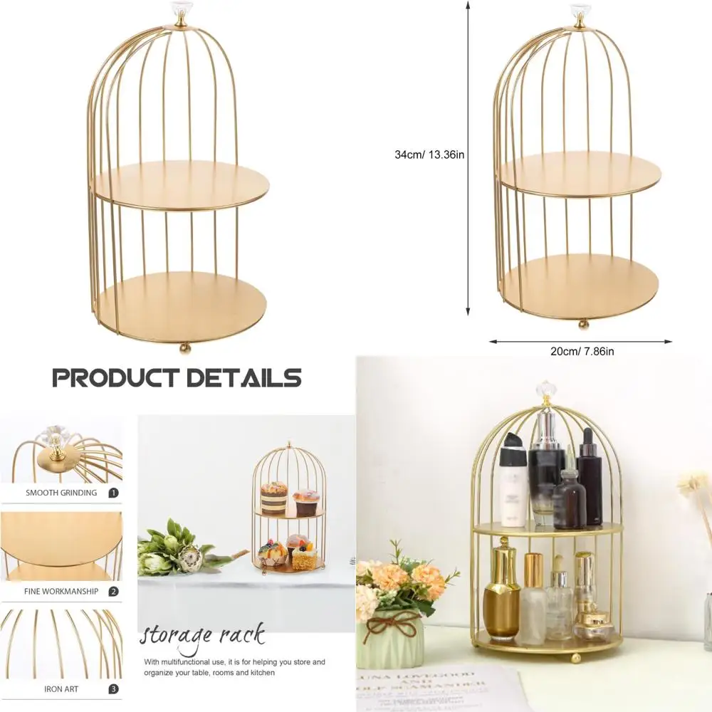 

Gold Bird Cage Cake Stand for Cosmetics, Iron Storage Rack, Jewelry Holder, Dessert Stand, and Earring Organizer