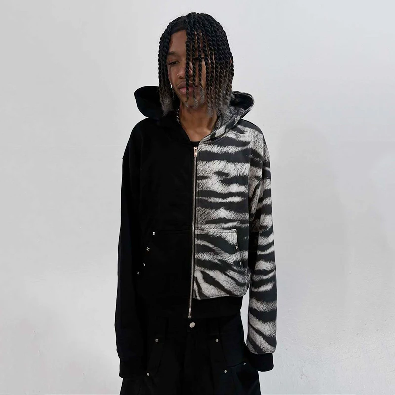 الرجال والنساء عارضة مطبوعة هوديي الخريف الشتاء زيبرا نمط طويلة الأكمام سستة مقنعين البلوز