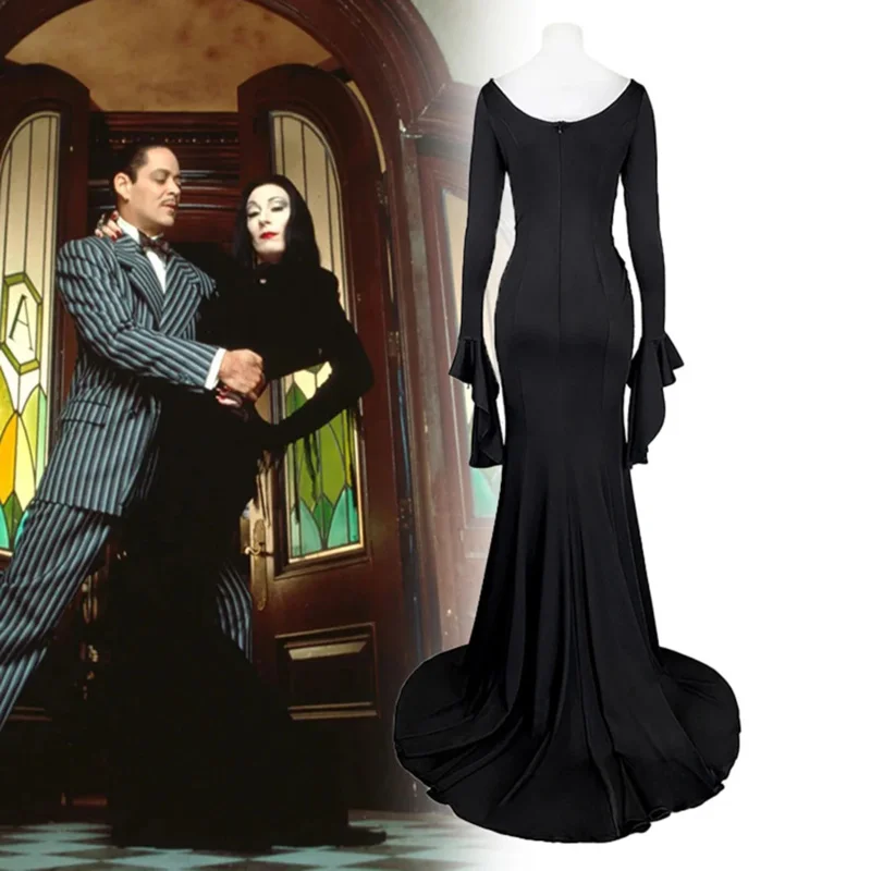 Movie Morticia Cosplay Costume Wednesday Addams Family Cosplay Uniform Dress Black Wigs For Women Halloween Carnival Anime Role