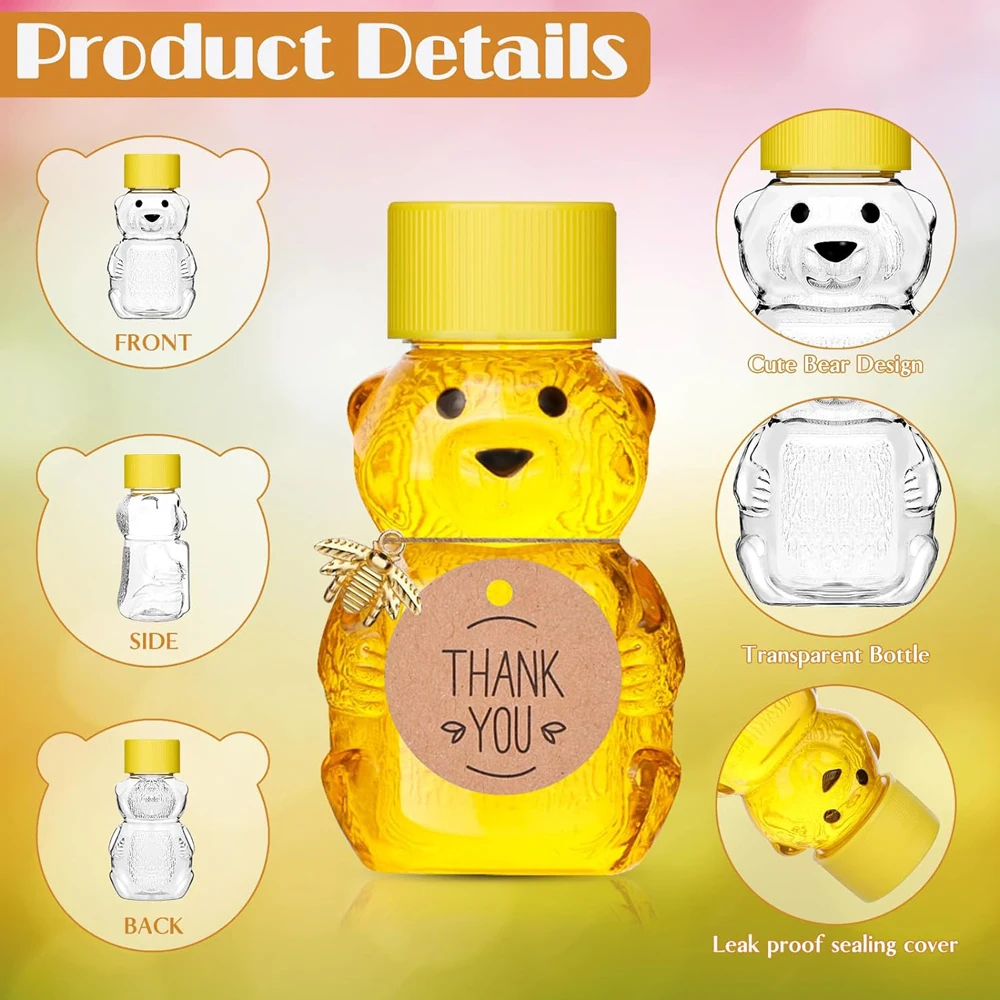 Plastic Honey Bear Bottles Jars, 2 oz Honey Bear Cup with Lids Mini Bear Shape Empty Honey Bear Bottle Honey Containers Bulk Jam