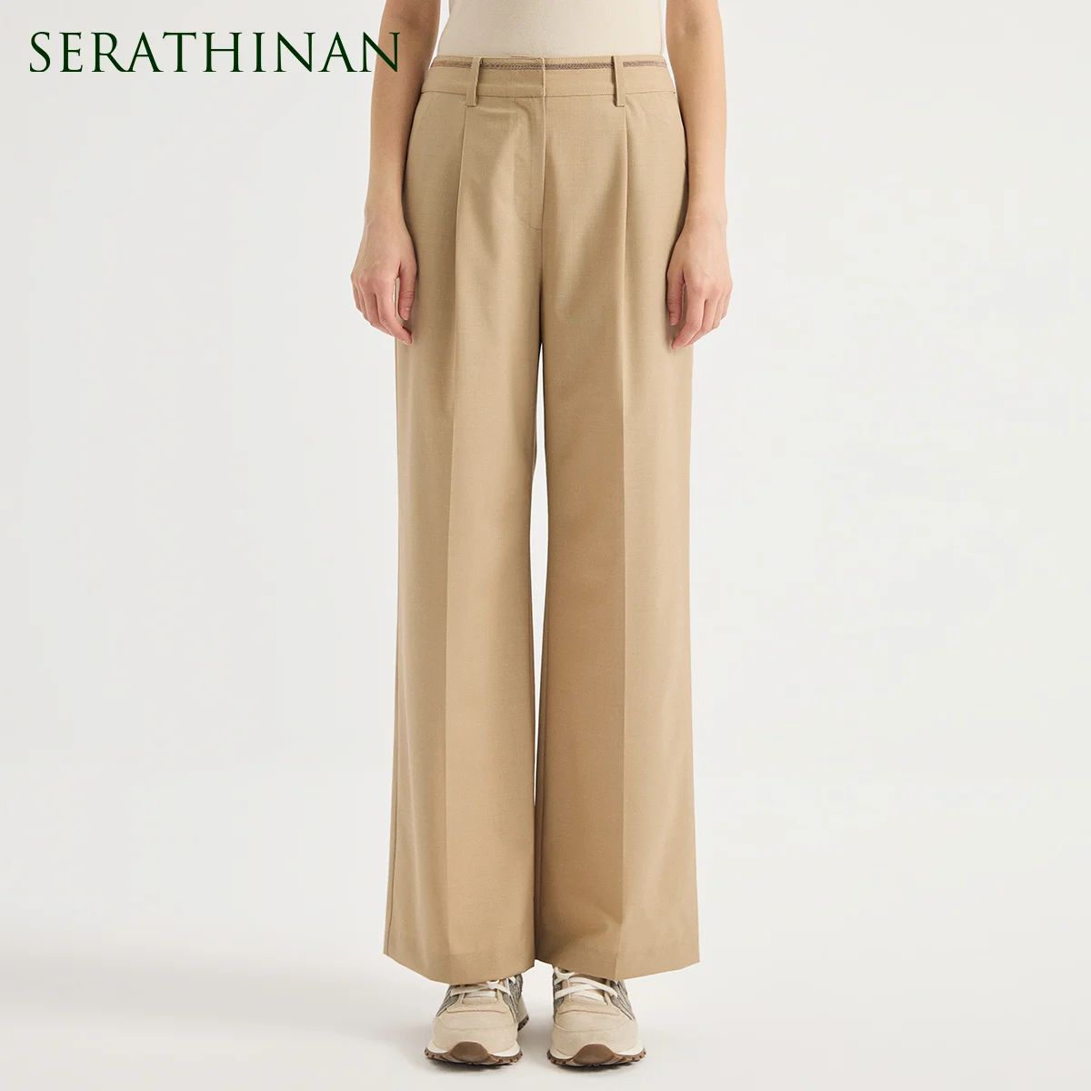 KL9624037 Women's 50% Wool Blend Stretch High Waist Pleated Wide Leg Trousers Lurex Chain Waistband Trim Center Crease Elegant A