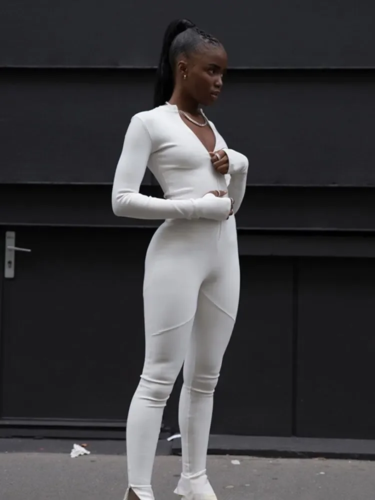 Solid Black/White Bodycon Jumpsuit Women Sporty Rompers Summer Fitness Long Sleeve Zipper Elastic One Piece