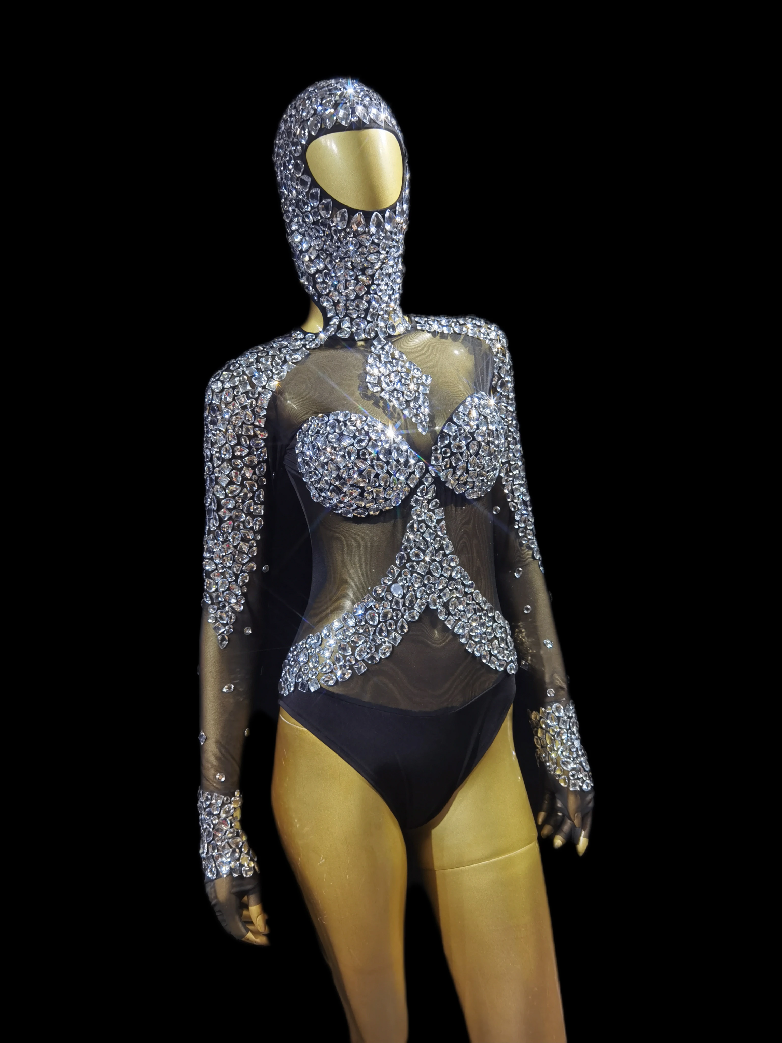 

Sexy Long Sleeves Leotard Costumes Rhinestone Crystals Outfit Black Singer Bodysuit Dj Gauze Sparkling Diamond Party Dresses