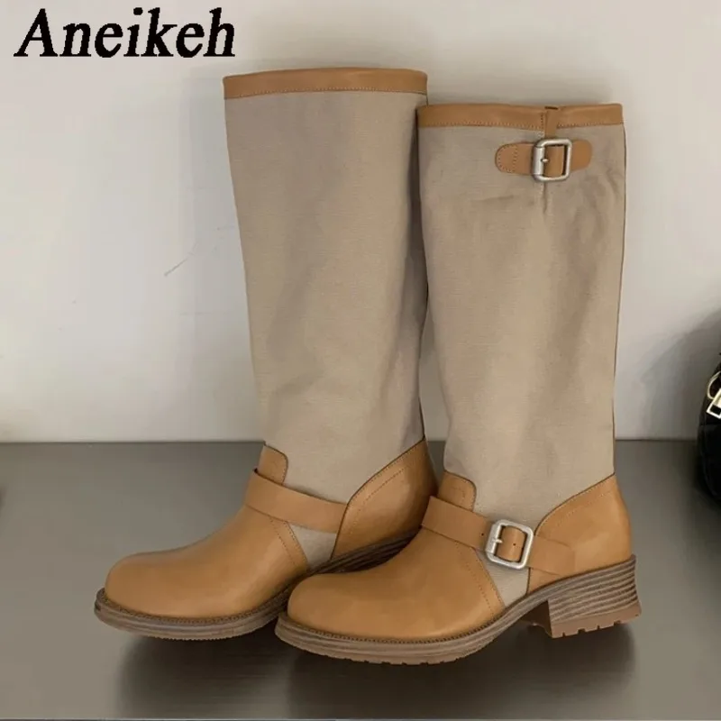 Aneikeh Winter Punk Style Round Toe Women Knee-High Boots Design Style Splicing Color Blocking Belt Buckle Square Low Heels Shoe