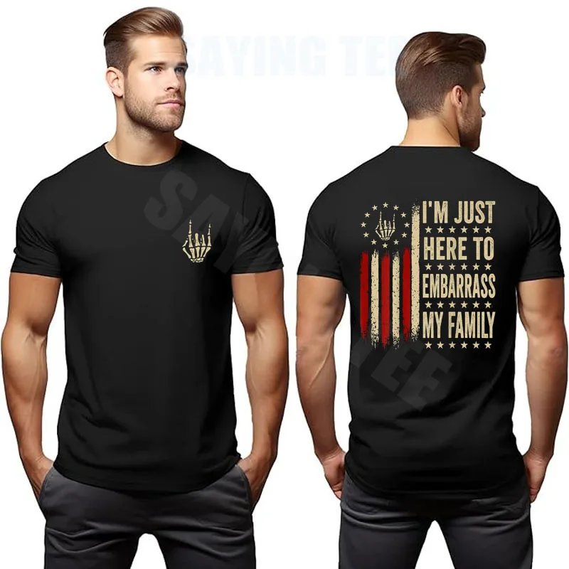 Ich bin nur hier, um meine Familie zu schmeicheln. Sarkastisches T-Shirt, Y2k-Flagge der USA, Skelett, Halloween-Kostüm, weiche Baumwolle, kurzärmelige Kleidung – Detail 10