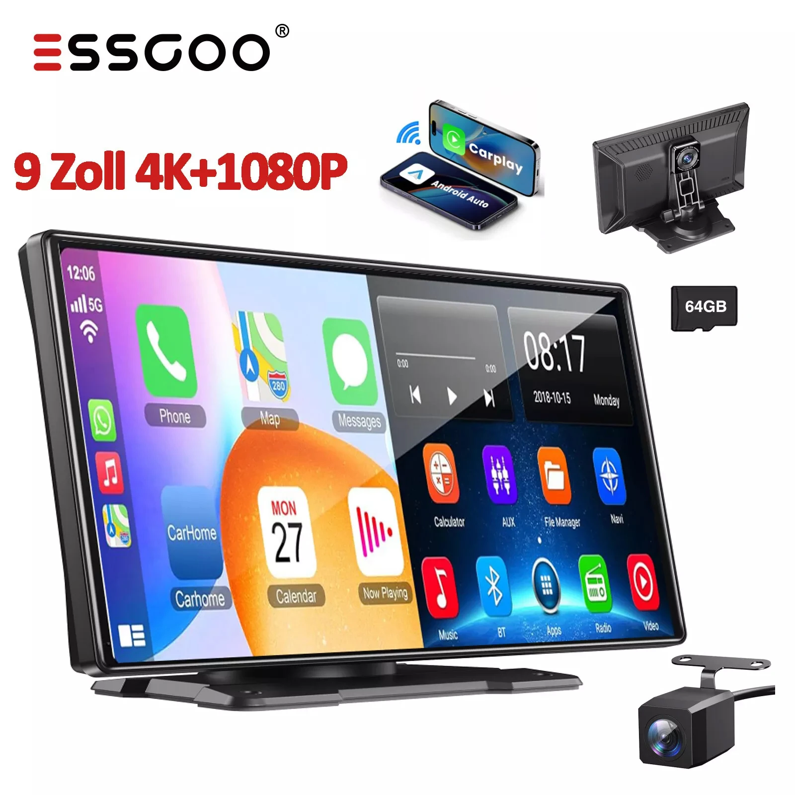 ESSGOO Wireless Andriod Auto Apple Carplay Car Radio 9