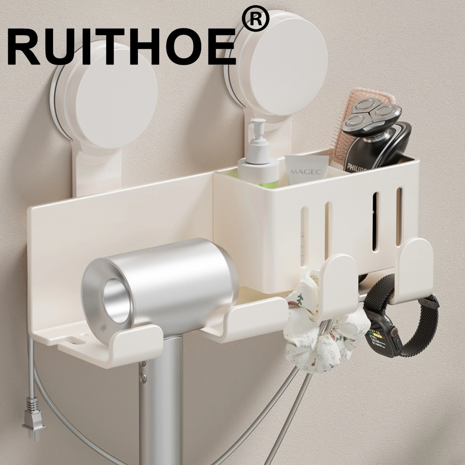 Wall Mounted Hair Dryer Holder with Suction Cups, No Drill Bathroom Organizer with Storage Basket and Hooks