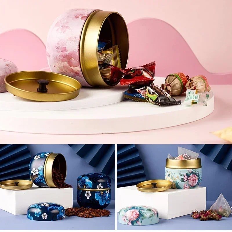 Portable Round Tea Box Flower Printed Metal Jars Universal Tea Storage Sealed Container Tinplate Tea Can Household Supplies