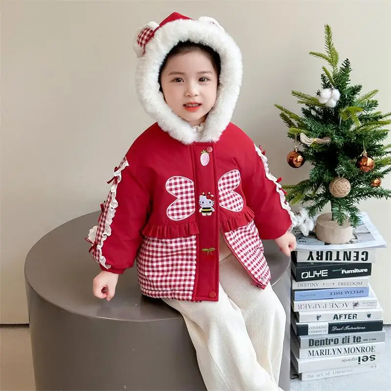 

Hot Sanrio Hello Kitty Thicken Coat Girl Autumn Winter Hooded Jacket Tops Child Kawaii Anime Cartoon Fashion New Casual Clothing