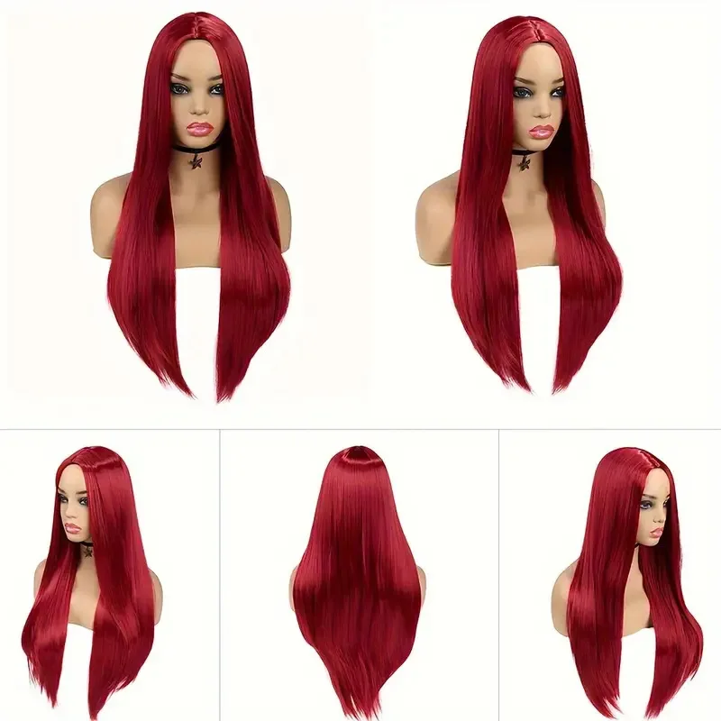 26-Inch Natural Fashion Red syntheti Wig Long Straight Hair Style High-Temperature Fiber Material Dyed Women cosplay Head Cover