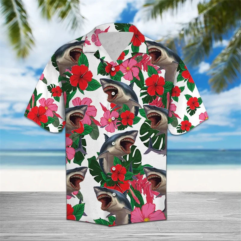

Fashion Shark Pattern Hawaiian Shirts For Men Summer Trendy Streetwear 3D Animal Printed Shirt Cool Oversized Vacation Blouses