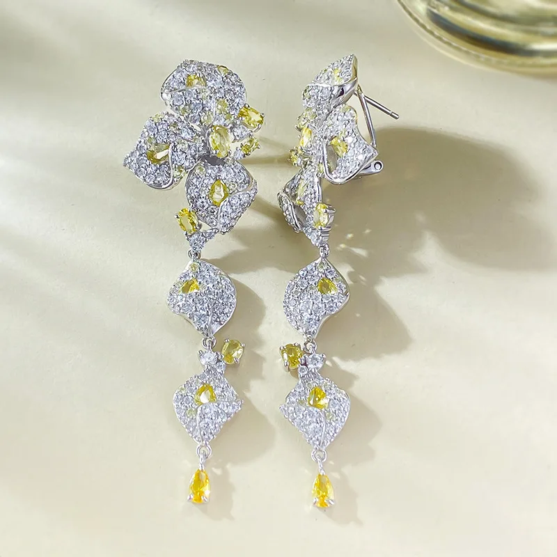 S925 Silver New Rhododendron Earrings Luxuriously Set with 3 * 5mm Yellow Diamond, Elegant and Elegant Style Earrings