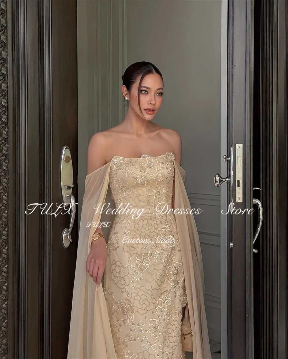 SPRAYING Champagne Lace Cetim Vestidos de Noite Fora Do Ombro Vestido de Festa Sereia Até o Tornozelo Vestidos de Ocasião Especial Personalizado