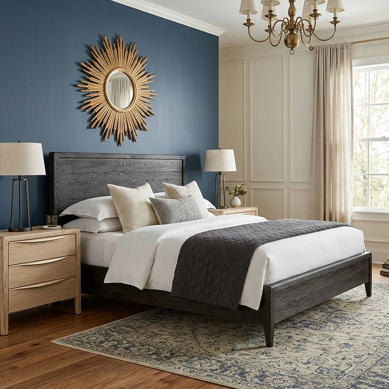 xx-RH GAEL Traditional Oak Panel Double Storage Platform Bed King Size Solid Wood Upholstered Headboard Multi-functional Bedroom