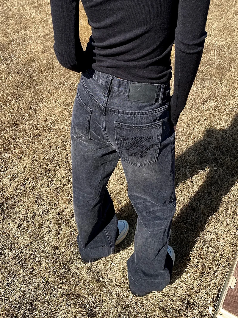 

Джинсовые джинсы-колокольчики с высокой талией Aket, женские длинные брюки High Street с винтажной талией и вышивкой букв