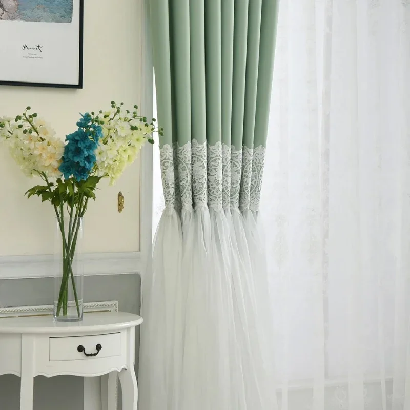 New French Romantic Princess Style Green Lace Stitching Blackout Curtains for Living Dining Room Bedroom  Finished Partition