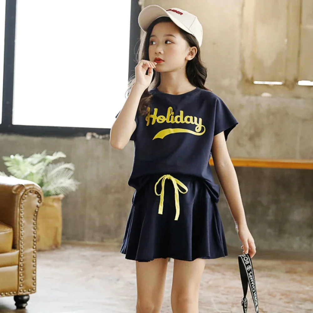 New Summer Girls Tennis Tracksuit Letters Batwing Holiday T-shirt + Loose Sport Pleated Skirt Teenager Children Set 5 12 Year