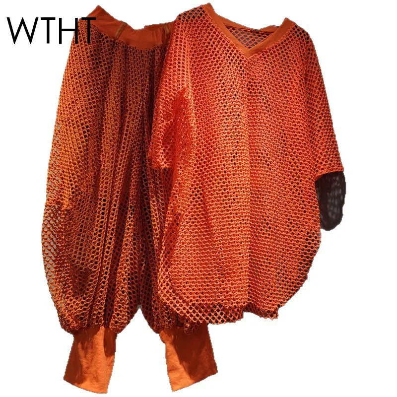 

WTHT Fashion Women's Hollow Out Mesh V-neck Short Sleeves T-shirt High Waist Loose Harem Pants Female 2025 Summer 1LS1934