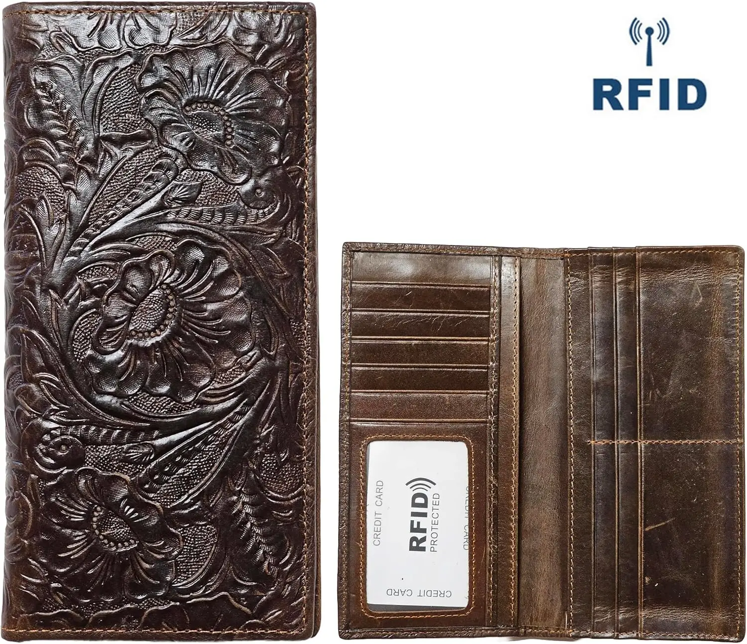 Men's Retro Genuine Leather Wallet Bifold Long Embossed Clutch Zipped Coin Purse RFID Blocking Dragon Coffee (Peony Floral)